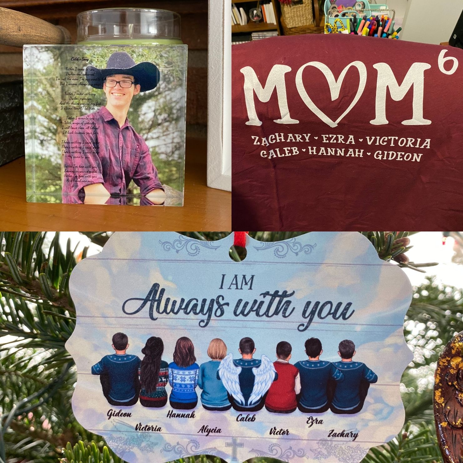 image of three personalized gift ideas including T-shirt, 3d photo in glass, and ornament
