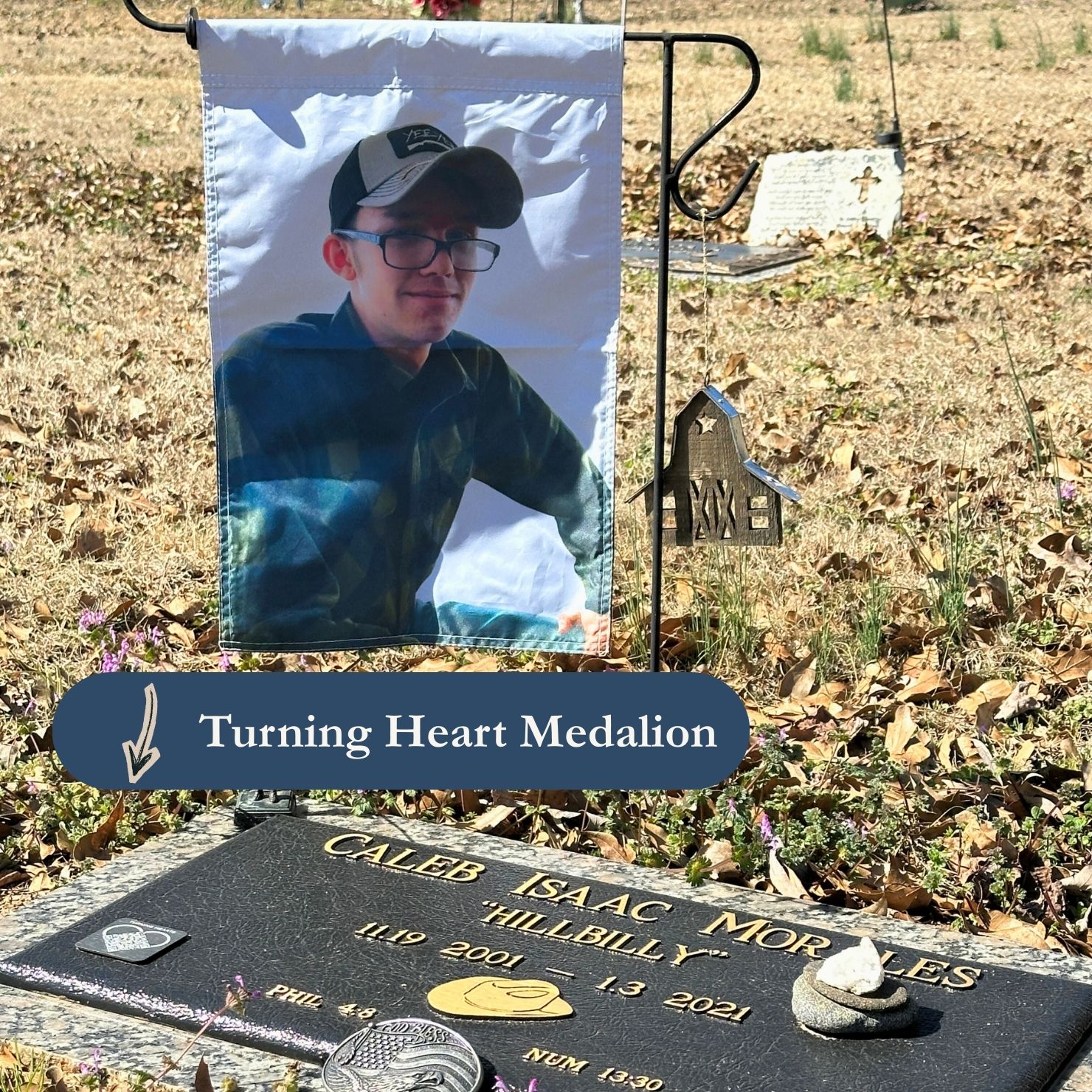 Caleb's headstone with Turning Heart QR Medallion on it